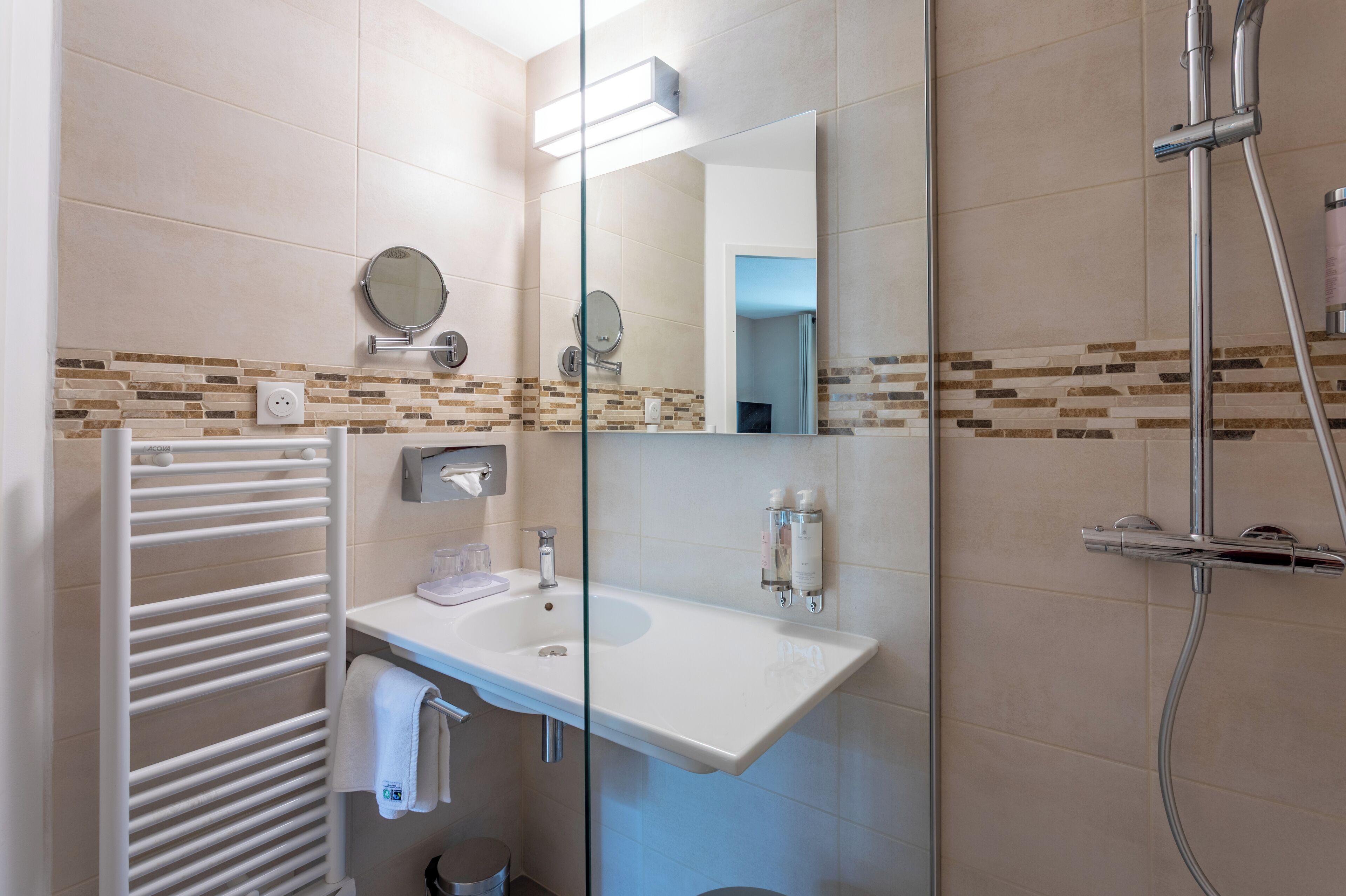 shower, rainfall showerhead, designer toiletries, hair dryer