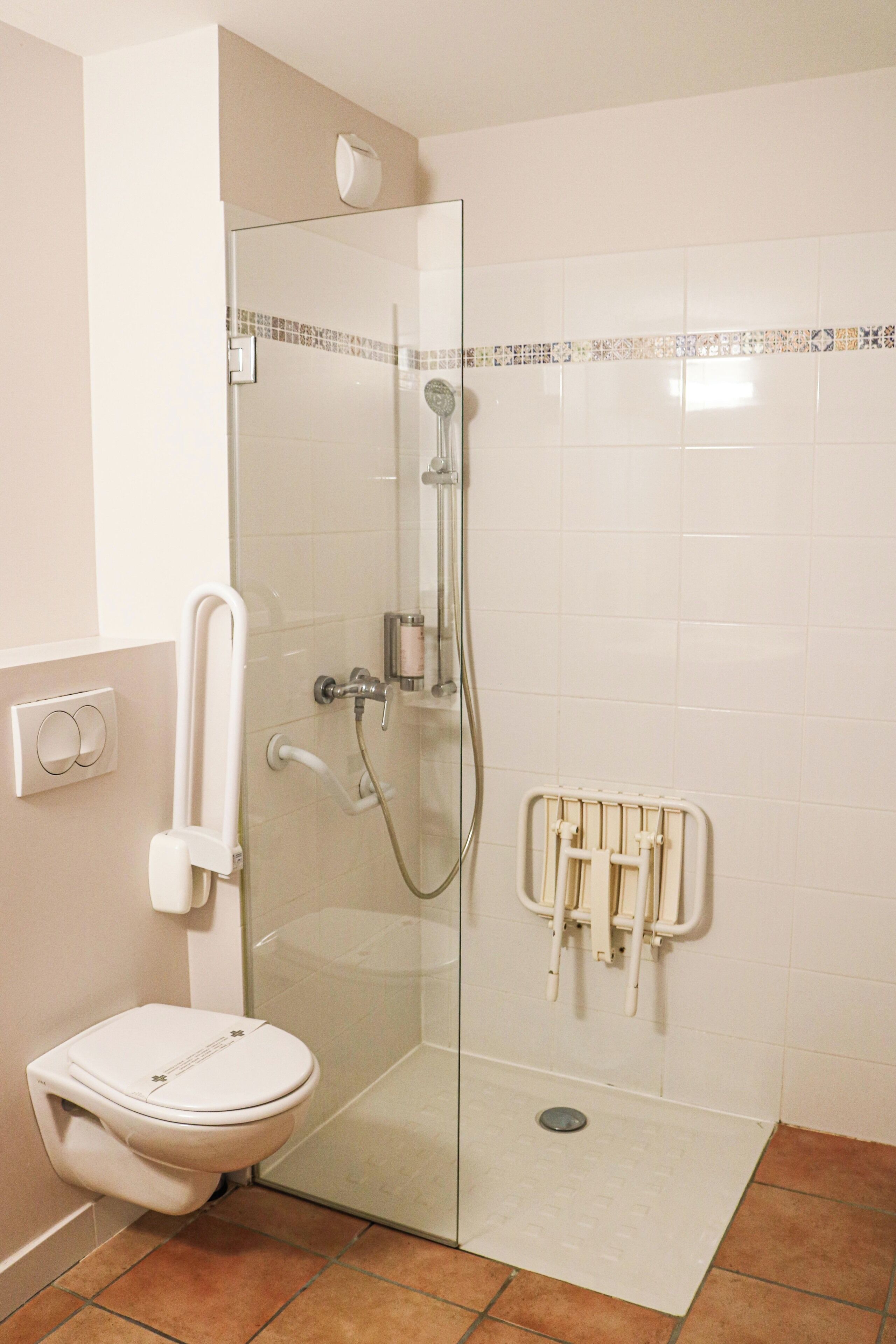 A bathroom with a glass-enclosed shower, a white toilet, and a handrail.