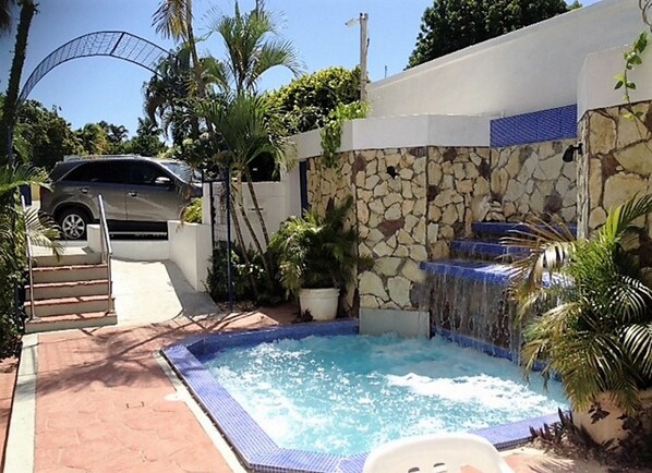 A swimming pool with a stone wall and a waterfall feature, surrounded by palm trees and a parked car.