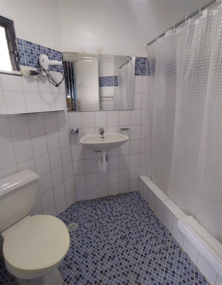 A small bathroom with a toilet, sink, and shower.