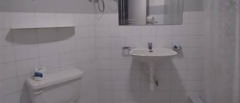 Casa de banho com sanita, lavatório e chuveiro.