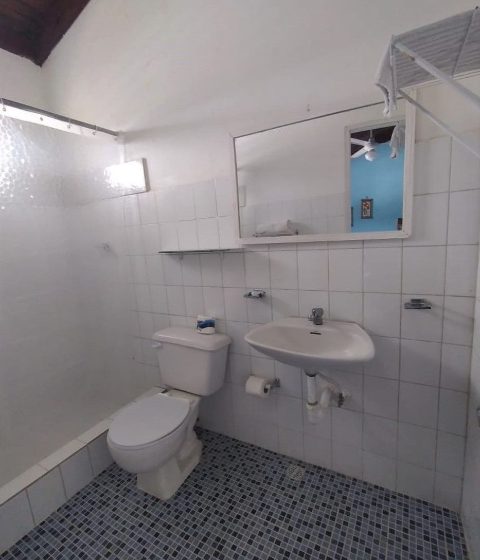 A bathroom with a toilet, sink, and mirror.