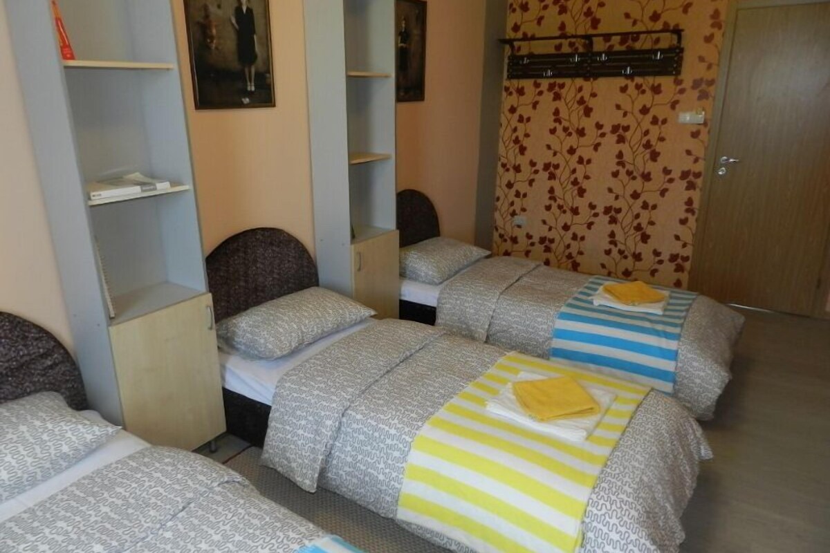 A room with three beds, each with patterned bedding and a headboard. There are built-in shelves on the walls, a door, and a wall with a floral pattern.