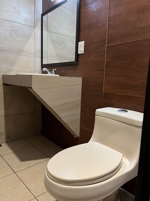 A bathroom with a toilet, a sink, and a mirror. - Hotel Posada Ruisenor (San Juan de los Lagos)