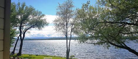 A view from a covered porch overlooking a lake with trees and a bench.
