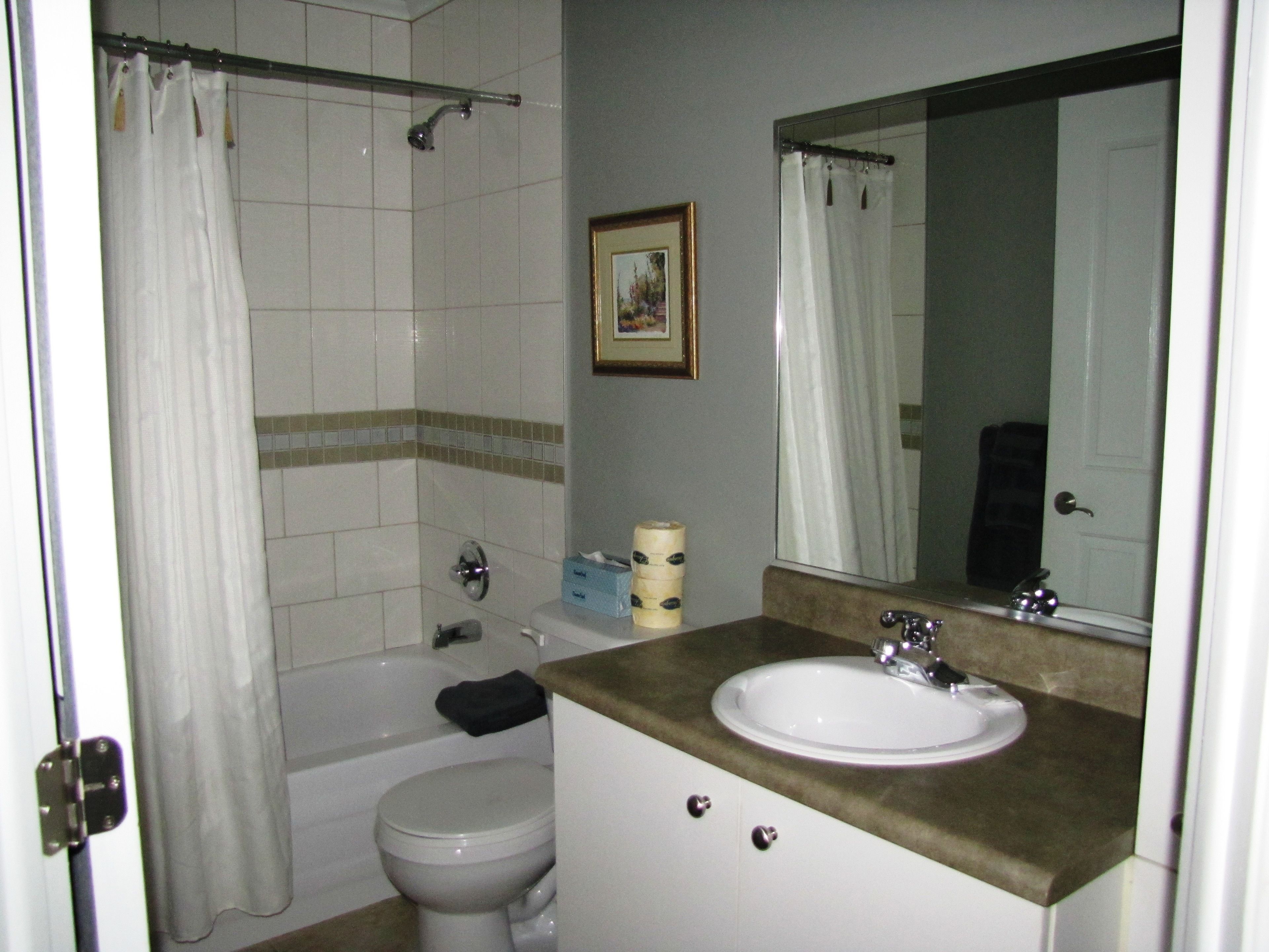 Un bagno con vasca, servizi igienici, lavandino e specchio.