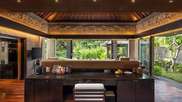 River Private Pool Villa (Free entrance to Bali Zoo) | Living area | 53-inch LCD TV with cable channels, TV, Netflix