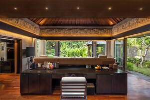 River Private Pool Villa (Free entrance to Bali Zoo) | Living area | 53-inch LCD TV with cable channels, TV, Netflix