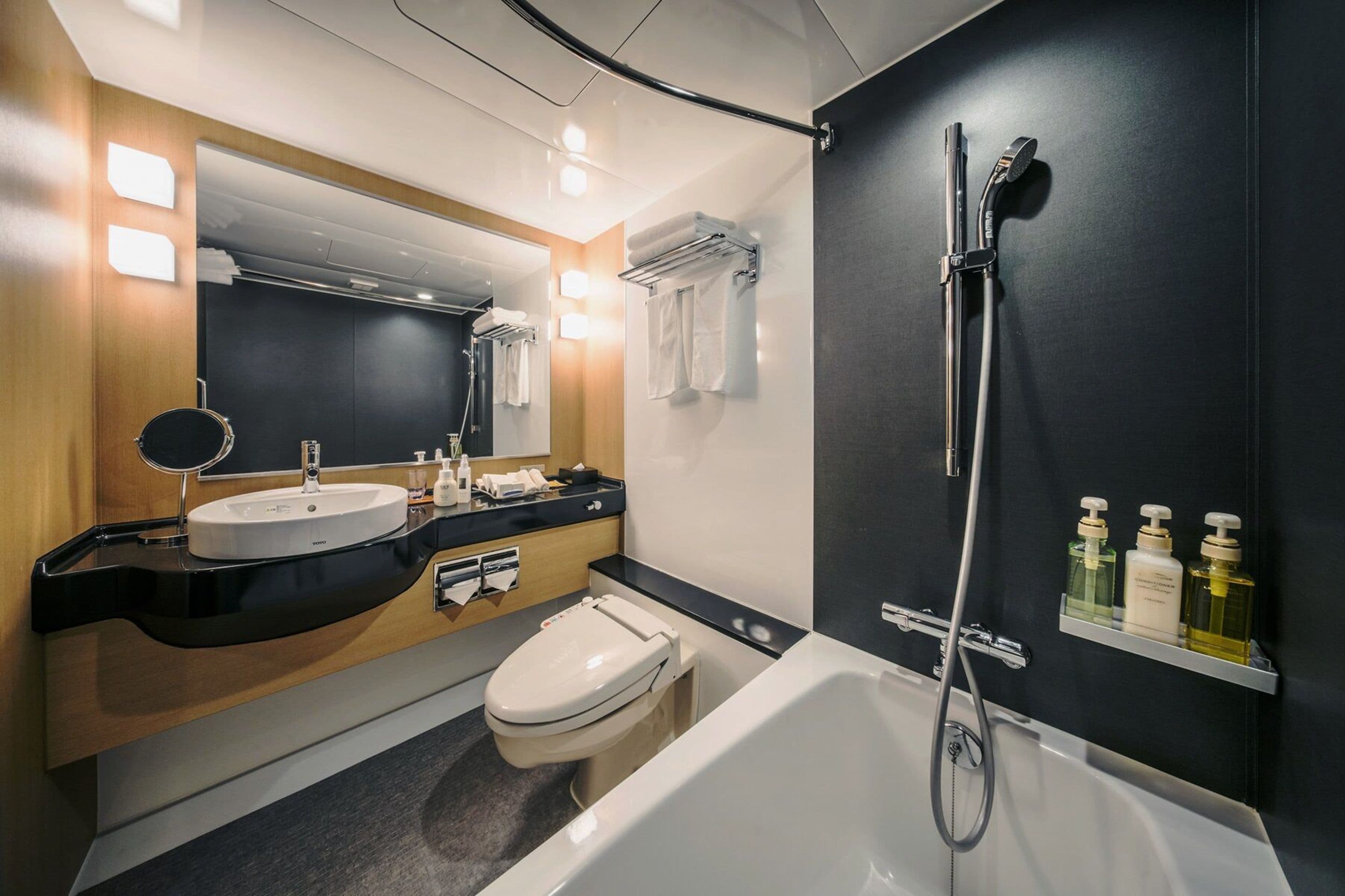 combined shower/bathtub, free toiletries, hair dryer, slippers