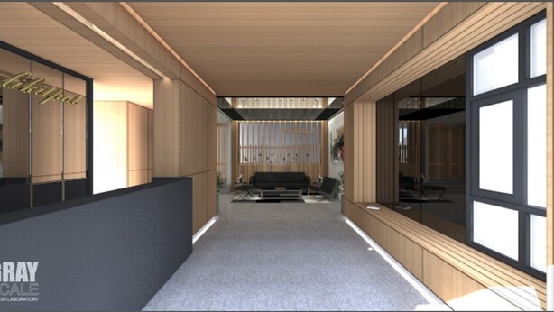 A modern interior with a long hallway, wooden paneling, and large windows. - LKP Apartment (Kanchanaburi)