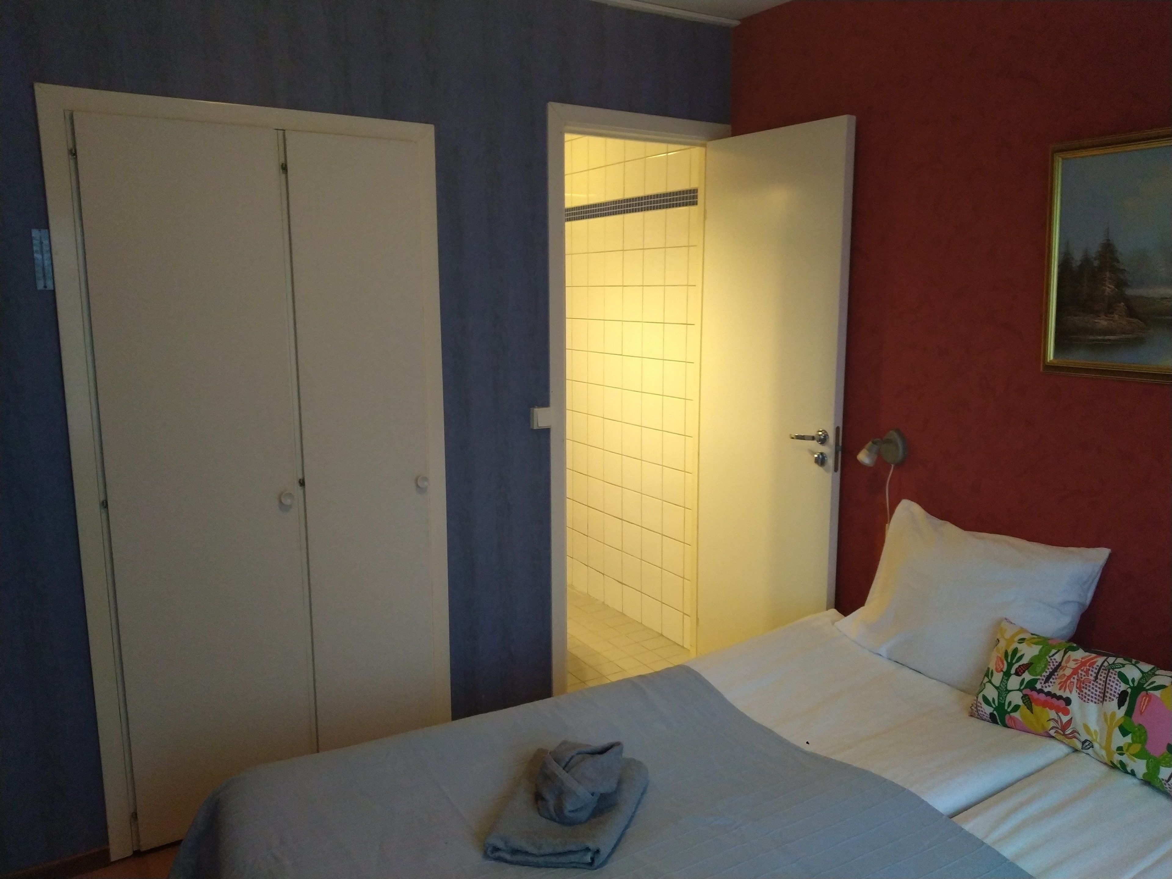 Een hotelkamer met een bed, een badkamer met douche en een schilderij aan de muur.