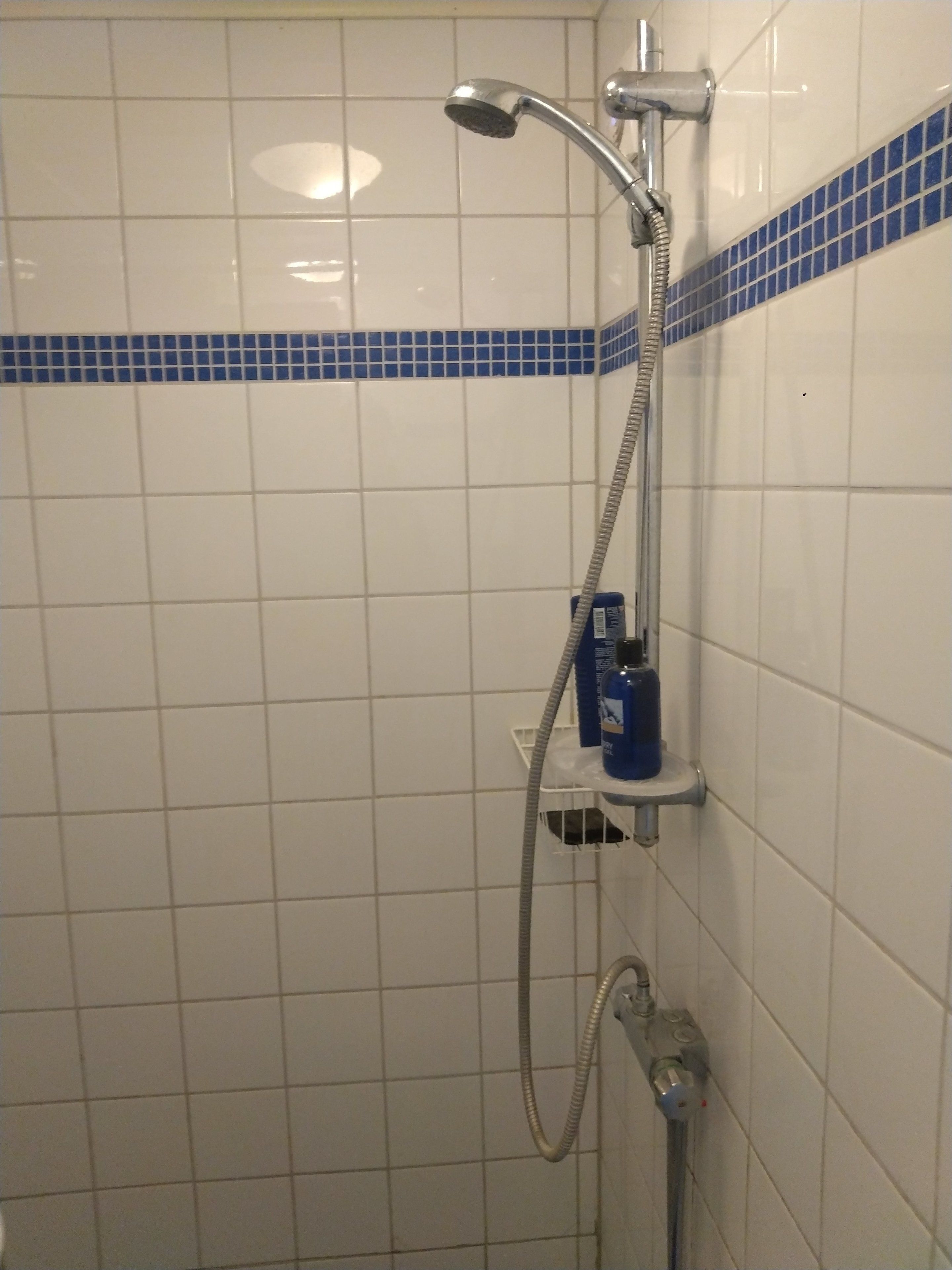 A shower with a handheld showerhead and a wall-mounted faucet. There is a shelf with toiletries.