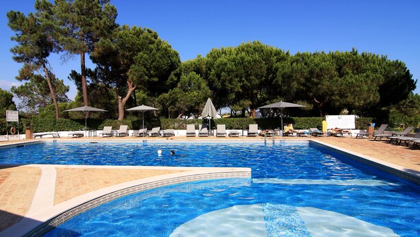 Una piscina con sillas de descanso y sombrillas, rodeada de árboles.