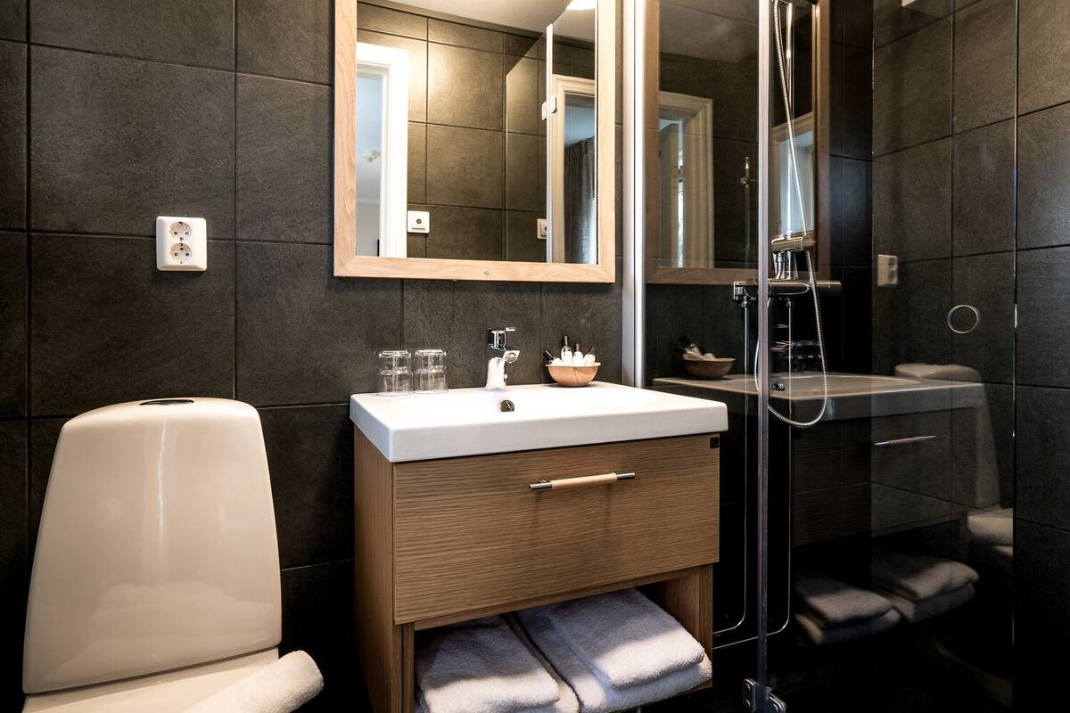 deluxe twin room | bathroom | shower, hair dryer, towels