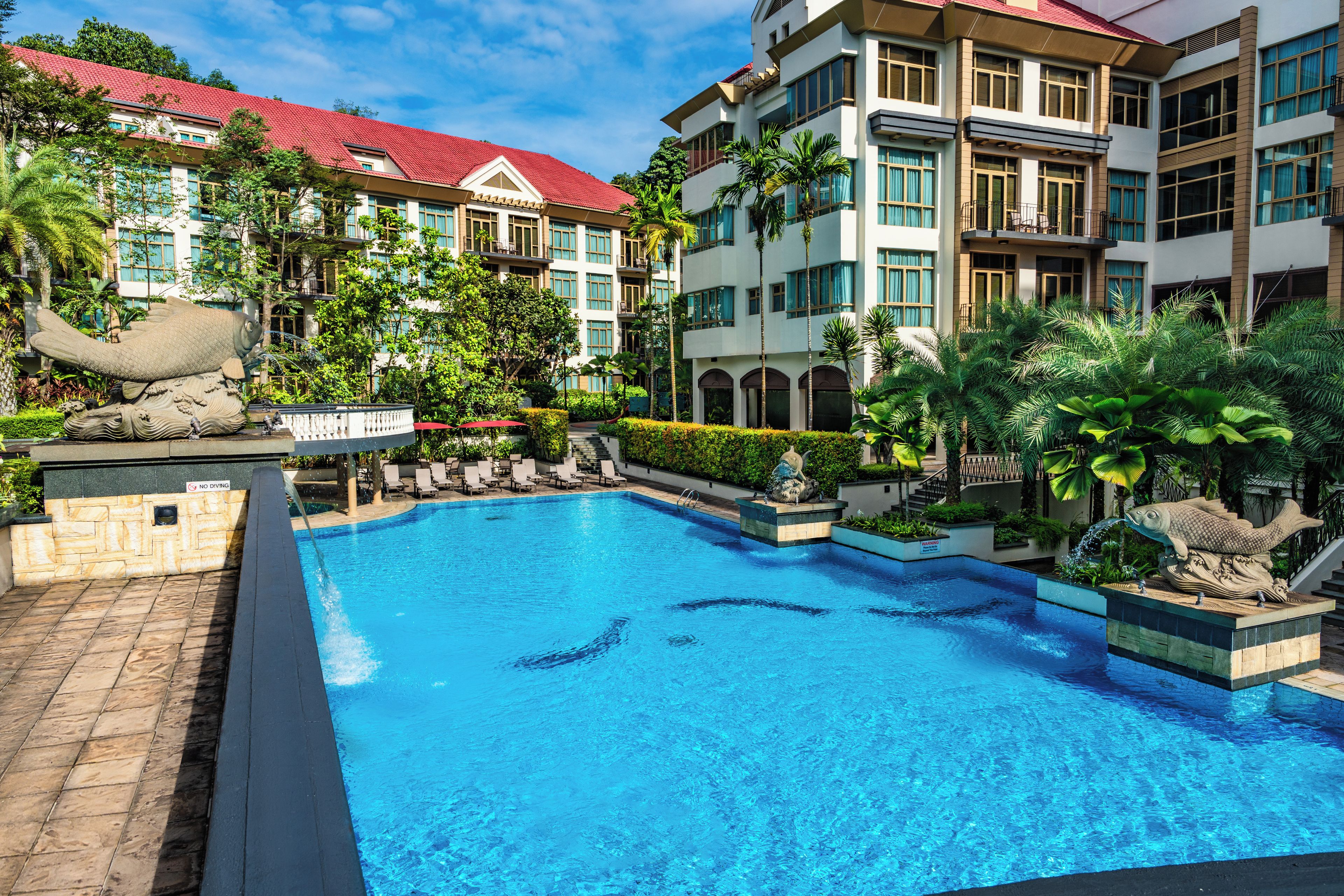 A swimming pool with a no diving sign, surrounded by lush greenery and a multi-story building with a red roof.