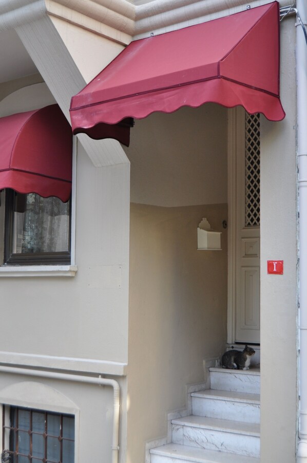 A building entrance with a staircase, a red awning, and a cat sitting on the steps.