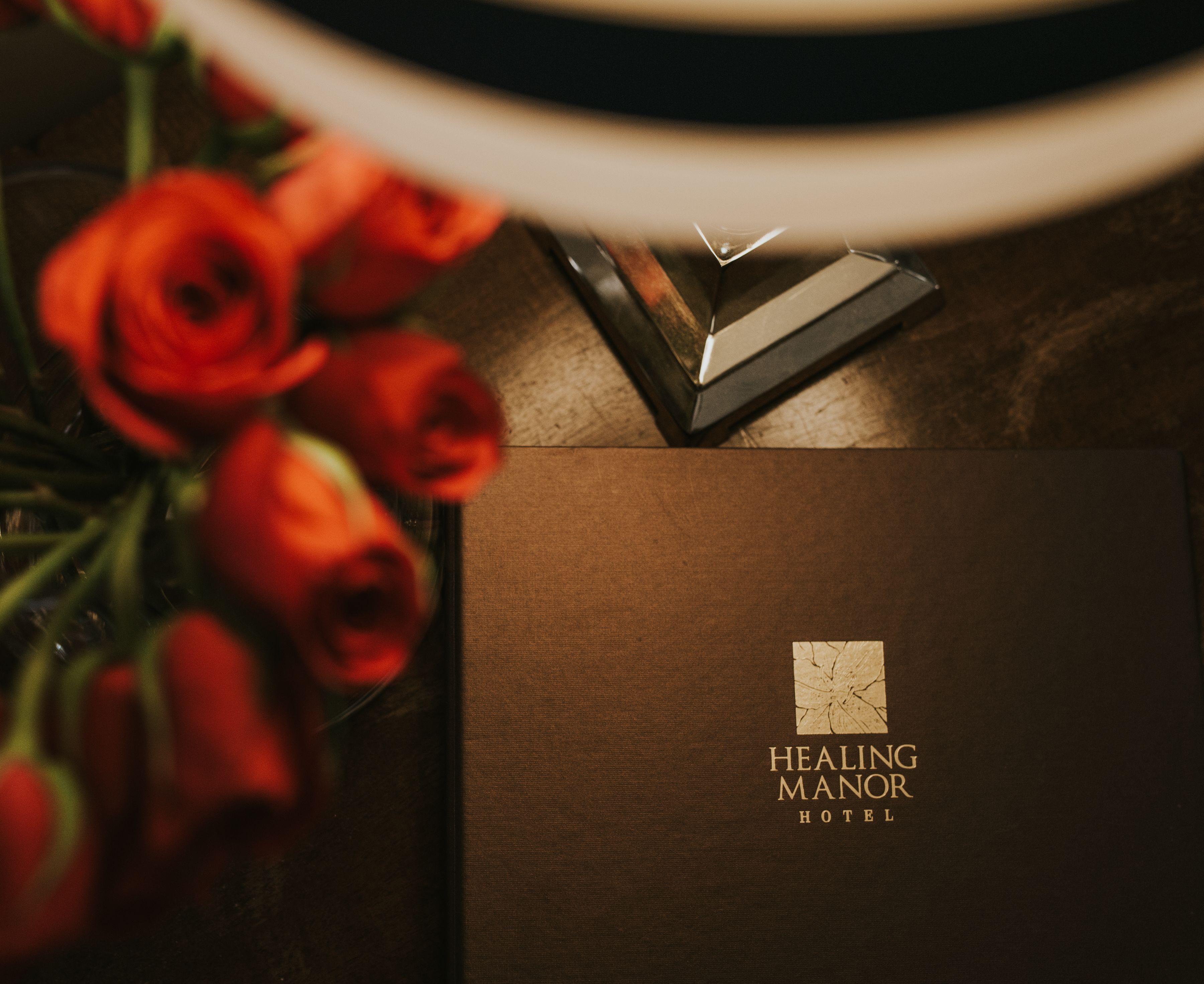 A brochure for Healing Manor Hotel with a logo featuring a cracked square.