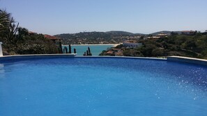 Outdoor pool, pool umbrellas, pool loungers