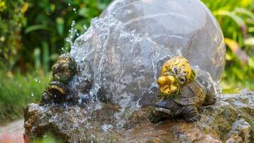 Una scultura di una tartaruga su una roccia, con l'acqua che schizza tutt'intorno.
