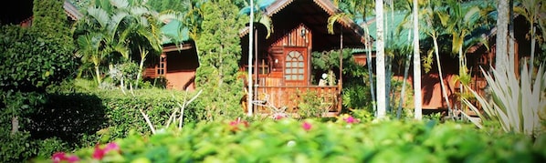 A traditional wooden house surrounded by lush greenery and tropical plants. - ChiangsanGoldenland Resort 1 (Chiang Saen)