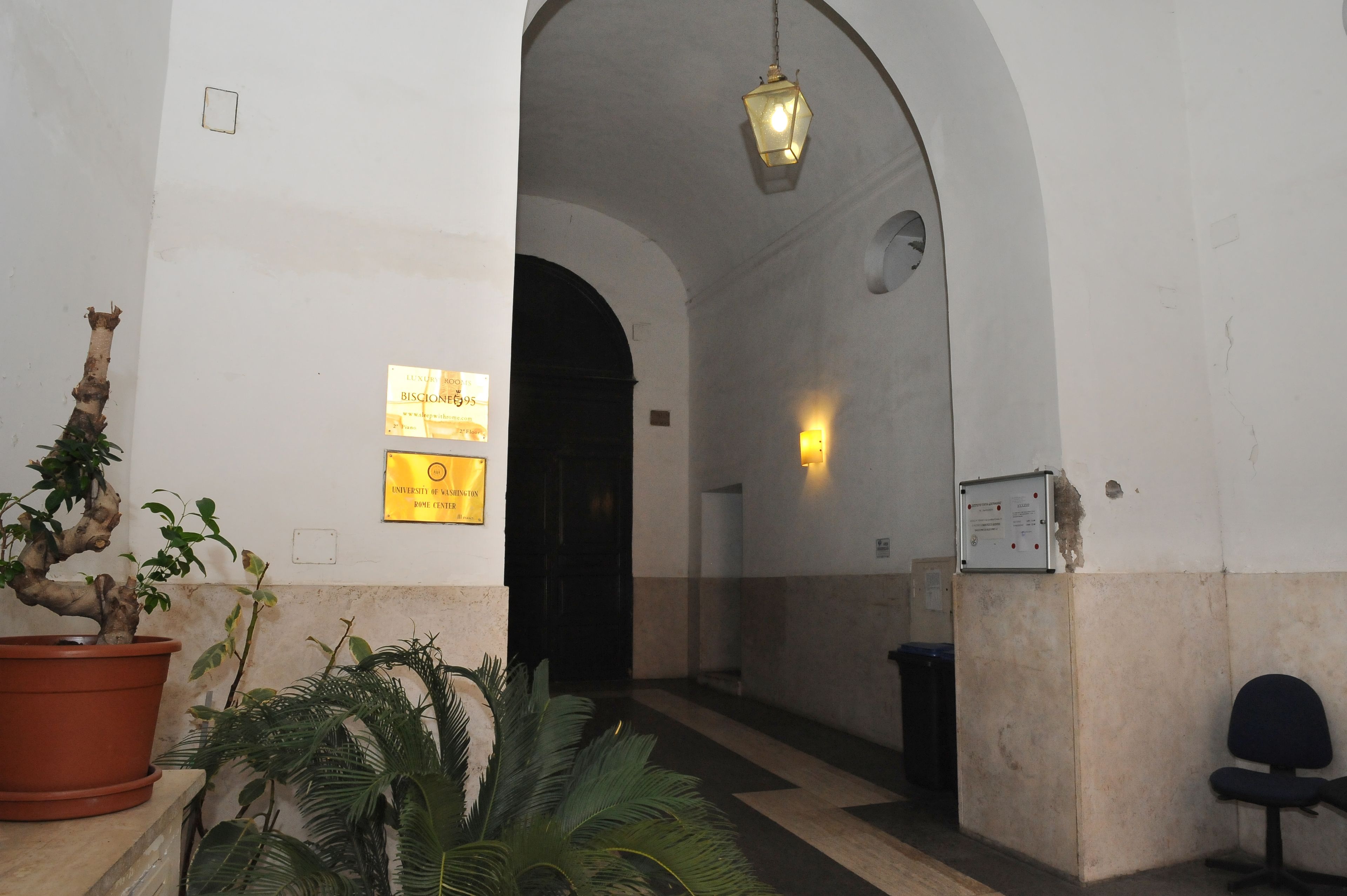 An indoor corridor with a large potted plant, a wall-mounted sign, and a bench.