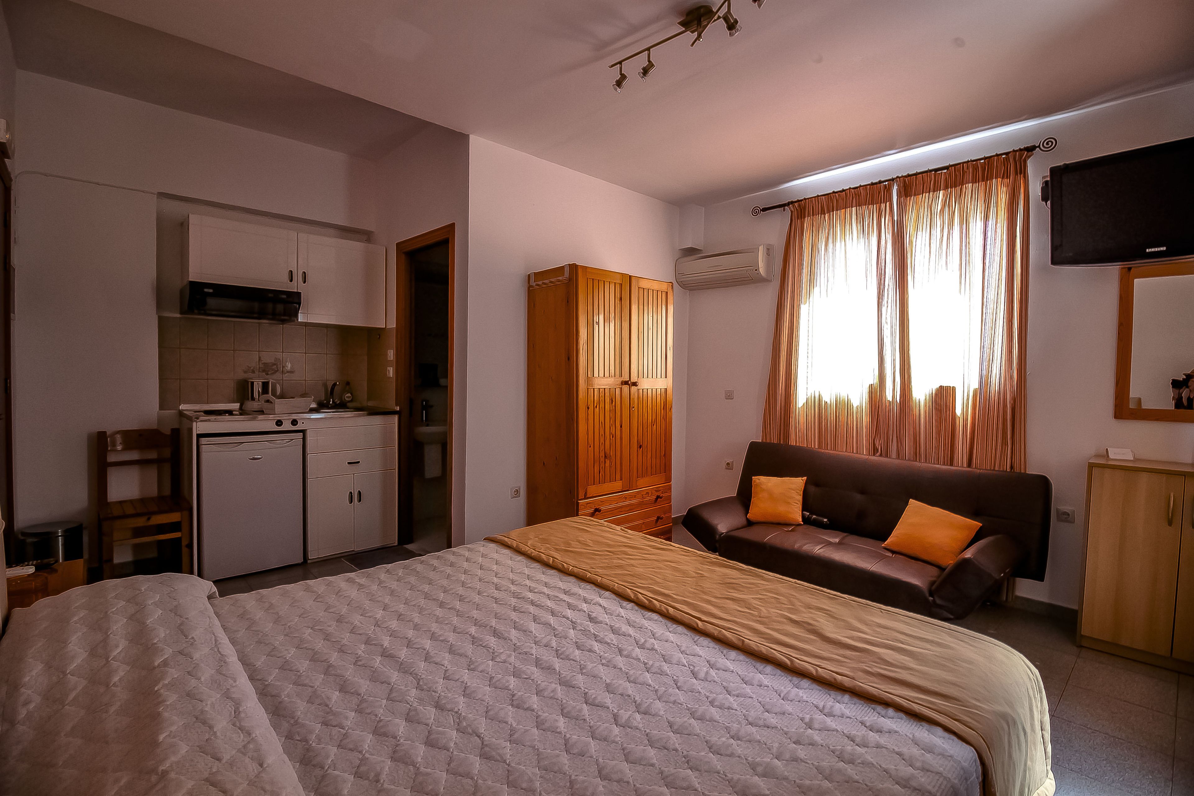 A bedroom with a bed, a sofa, a TV, and a kitchenette.