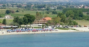 On the beach, sun-loungers, beach umbrellas, beach volleyball