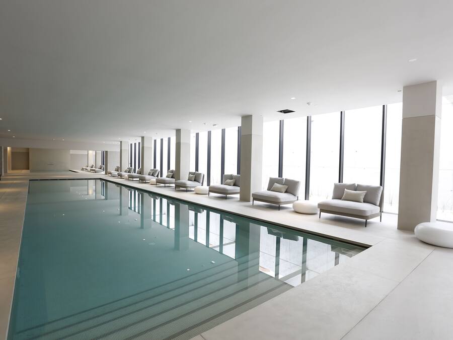 Indoor pool, outdoor pool, pool loungers