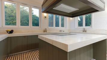 A modern kitchen with a central island, large windows, and a checkered floor pattern.