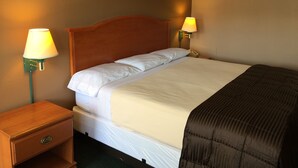 Habitación de hotel con cabecera de madera, una cama individual con ropa de cama blanca, dos lámparas de noche, una mesita de noche con cajón y un termostato fijado a la pared.
