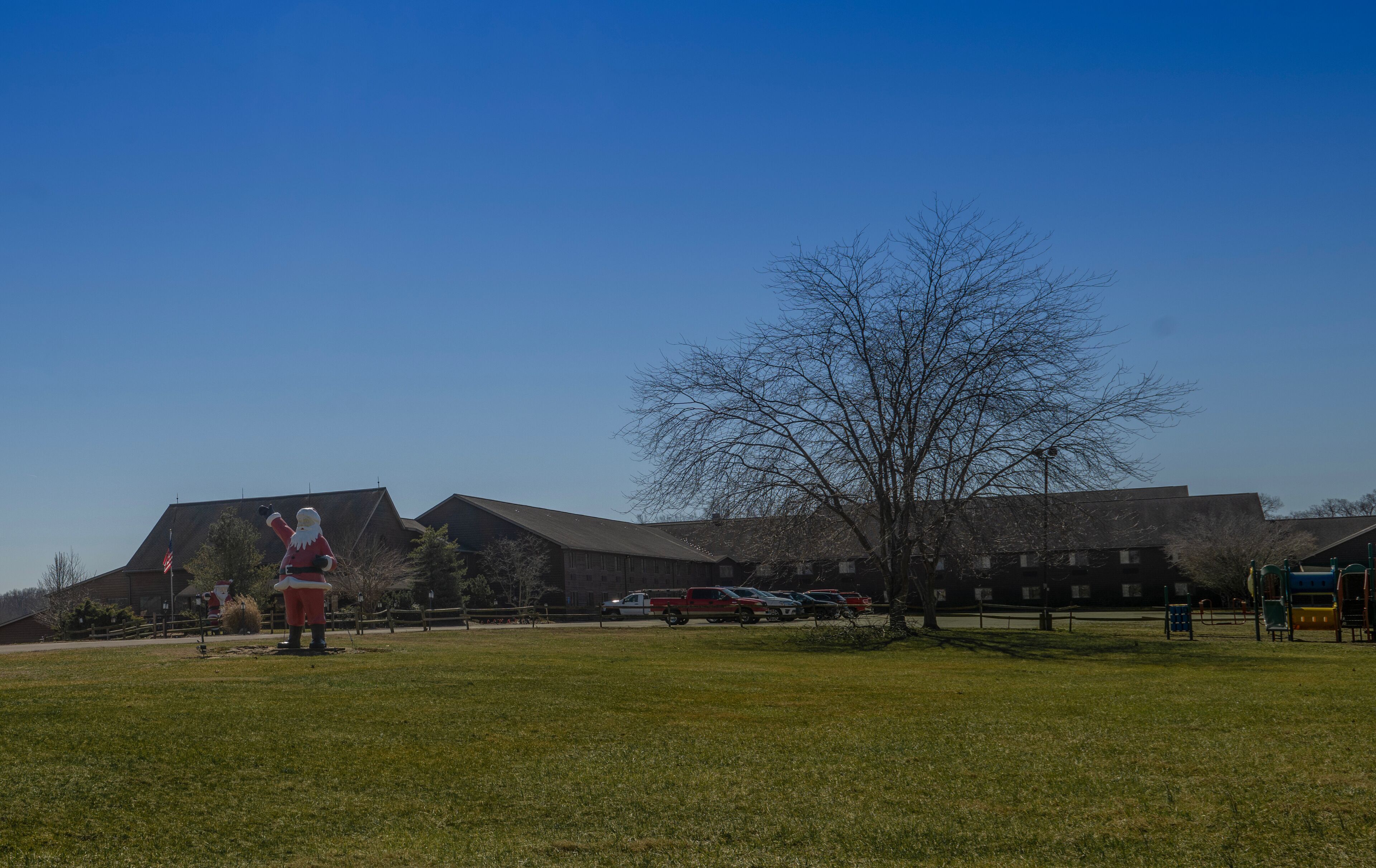 A grassy field with a large tree and a building in the background.