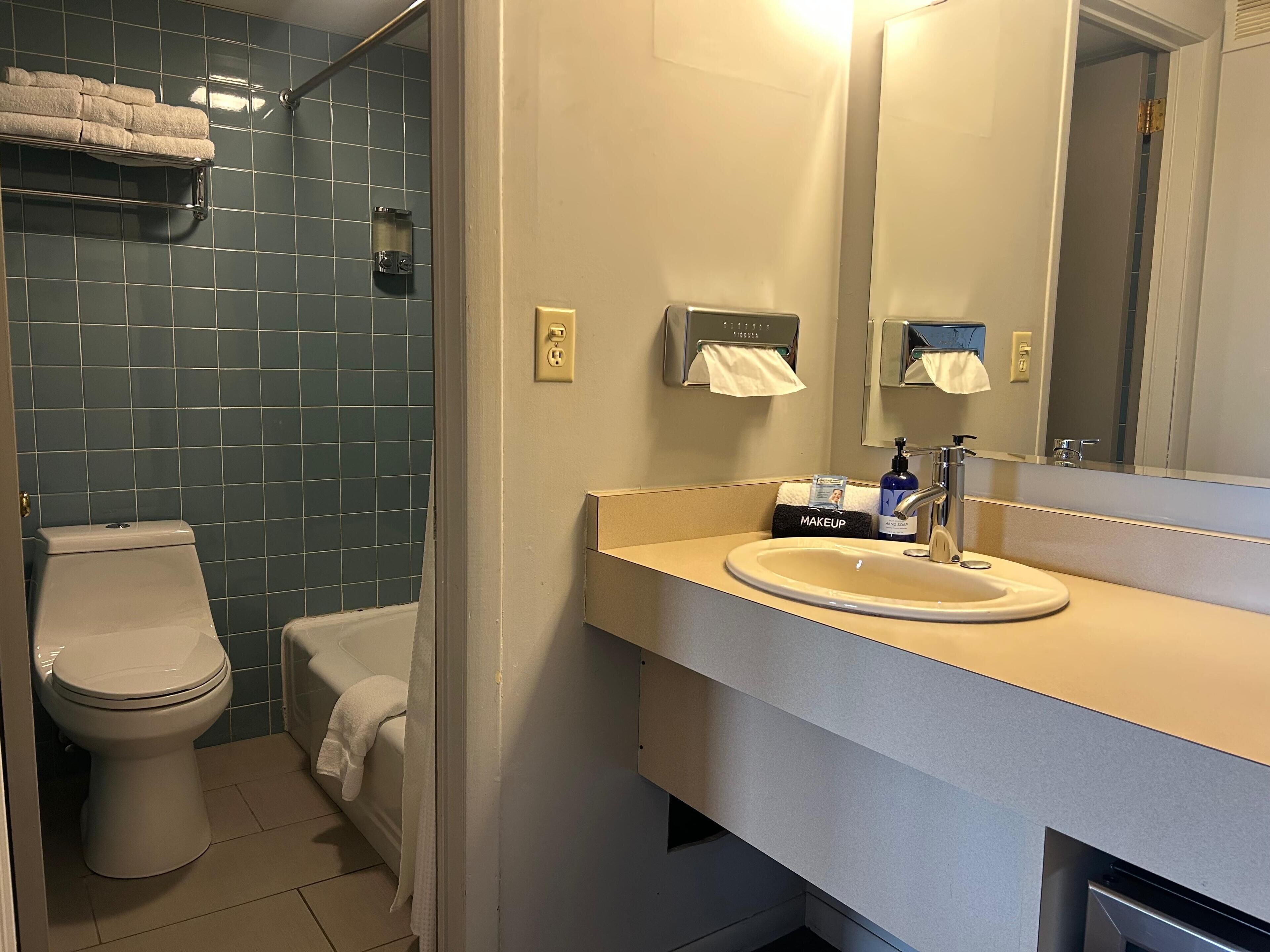 A bathroom with a toilet, sink, and mirror.