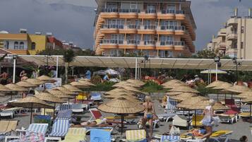 Private beach nearby, sun-loungers, beach umbrellas, beach bar