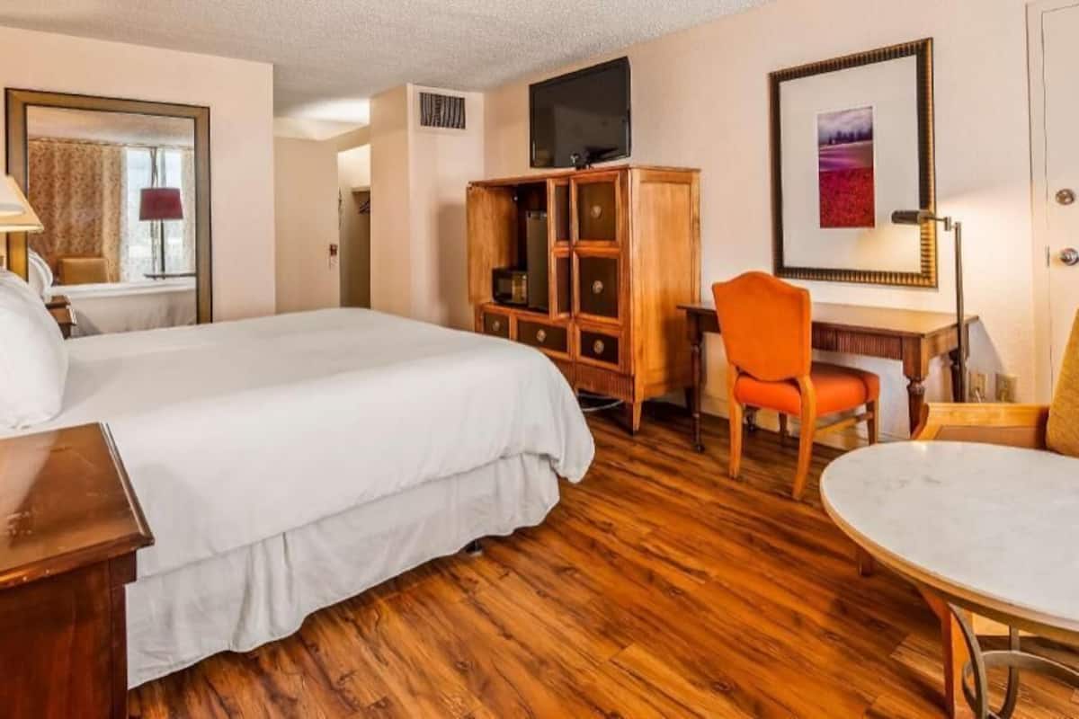 Habitación de hotel con cama, escritorio, silla, televisión y un cuadro en la pared.
