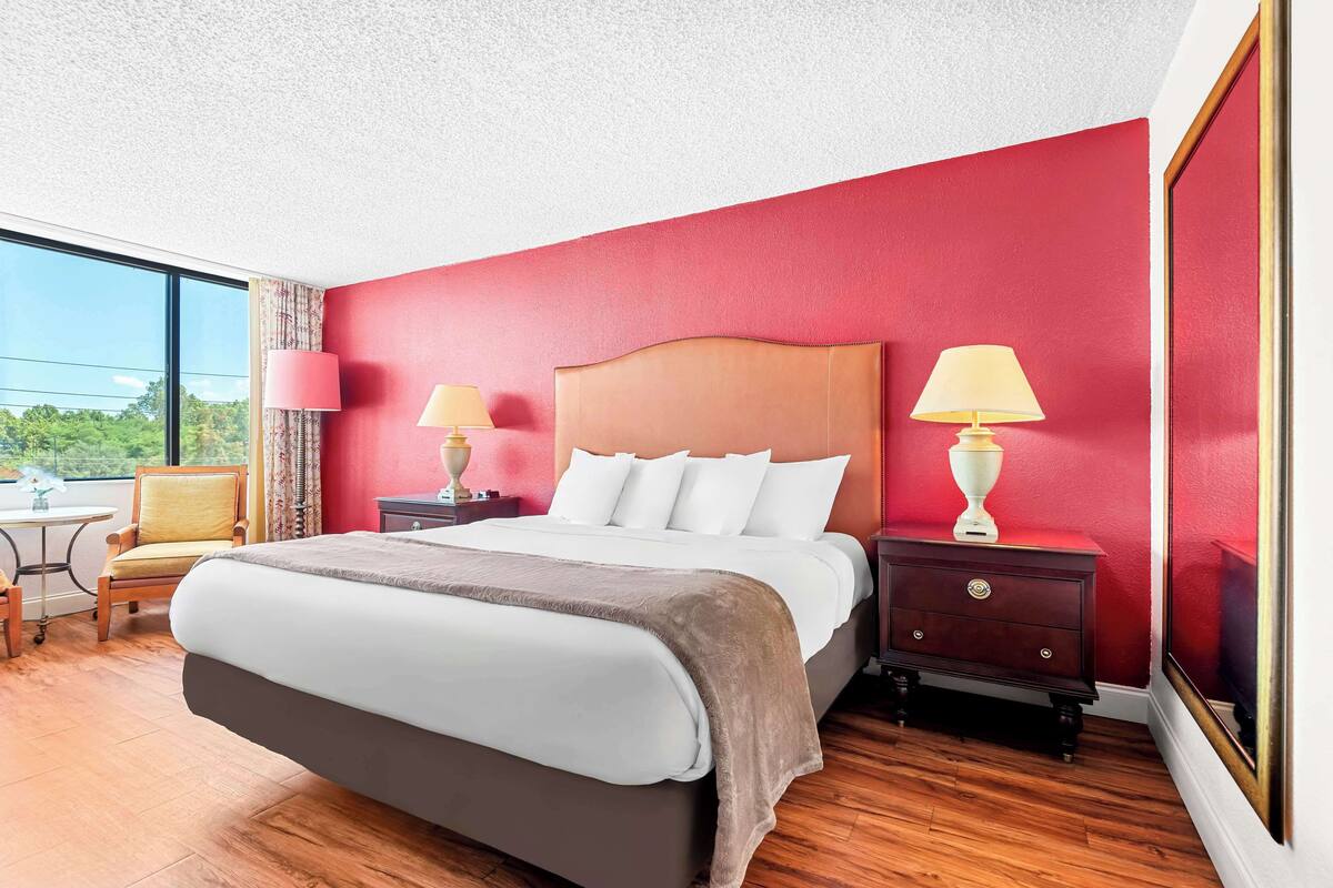 Habitación de hotel con una cama grande, dos mesitas de noche con lámparas, una silla y vistas a zonas verdes.