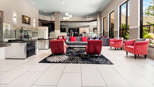 A spacious living area with a modern sofa set, a black and white rug, and large windows offering a view of the outdoors.