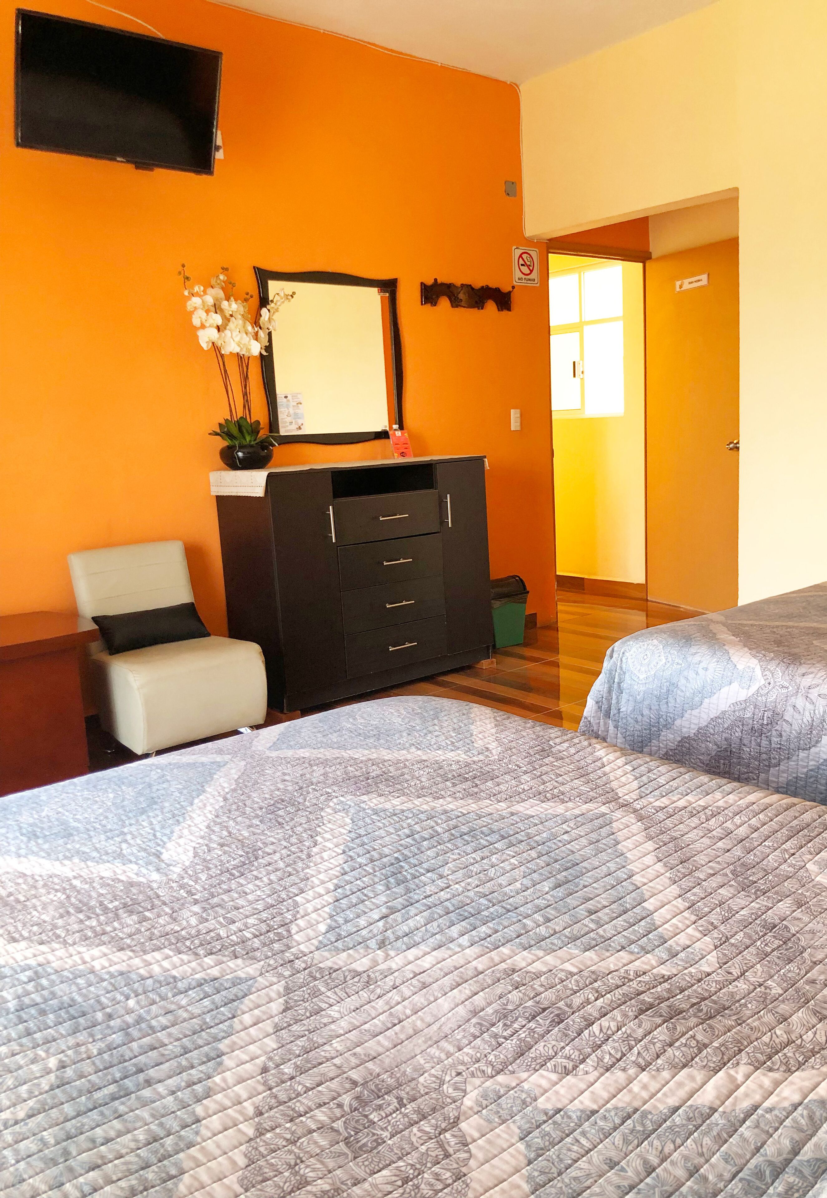 Habitació d'hotel amb dos llits, una petita taula de nit, una cadira, un televisor i un mirall.