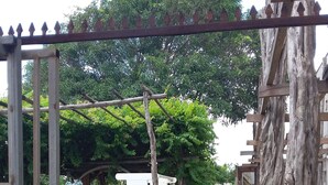 Um caminho no jardim com pérgola, cerca de madeira e arbustos floridos vermelhos.