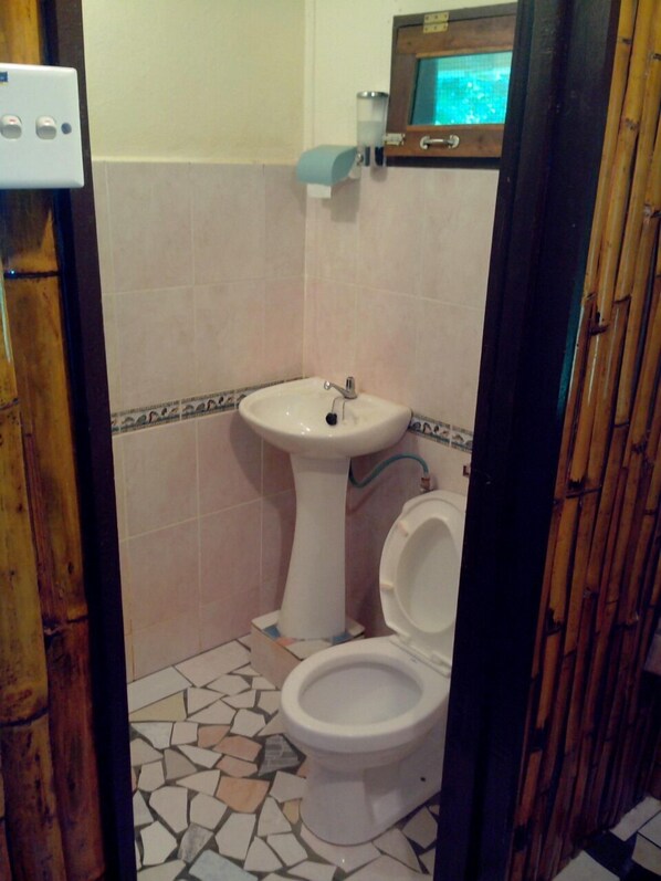 Un baño con inodoro, lavabo y espejo sobre él.