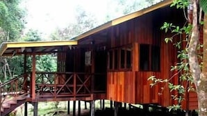 Une cabane en bois dotée d’un porche et d’un escalier menant à l’entrée, entourée d’arbres.