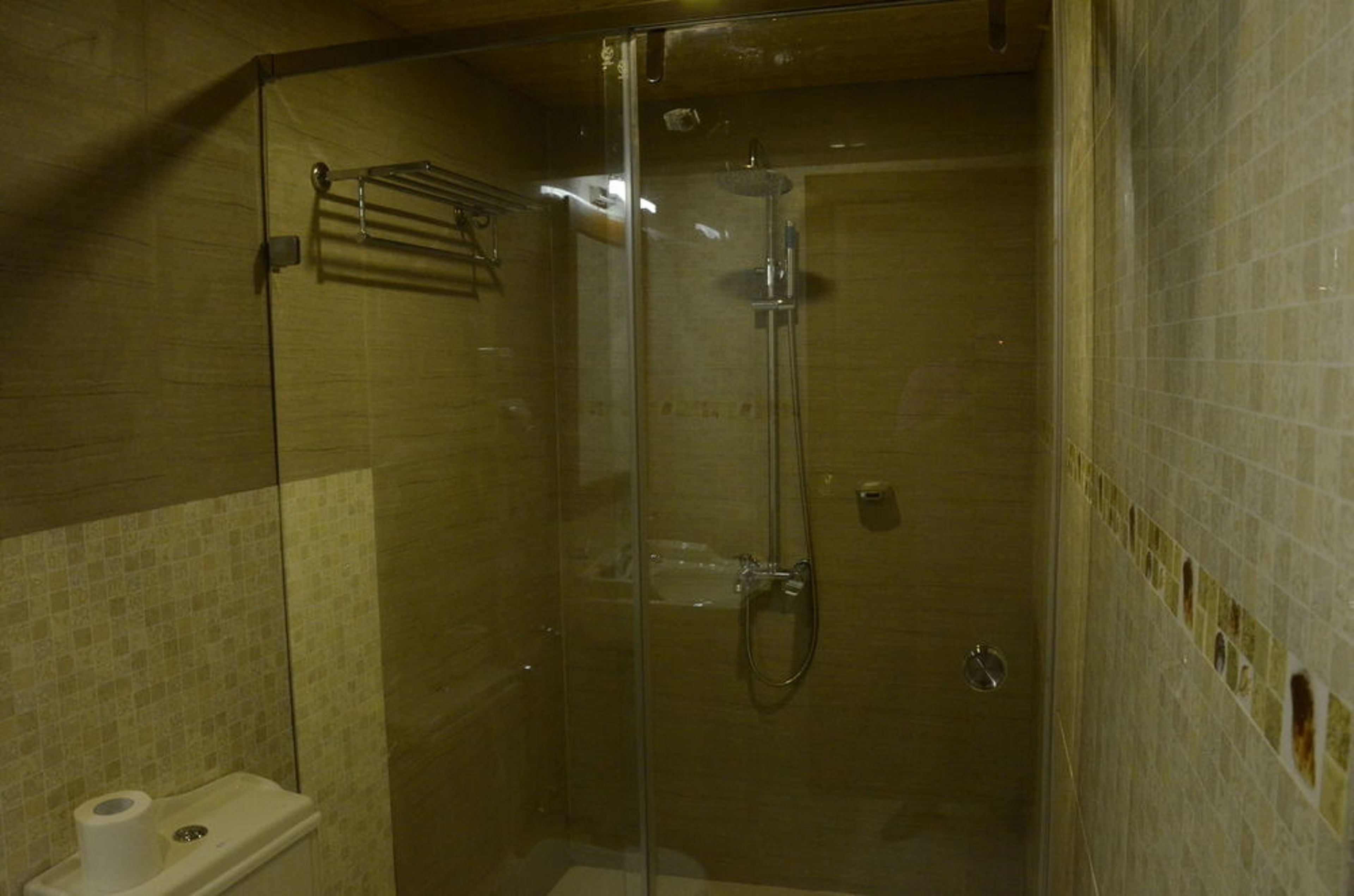 A glass-enclosed shower stall with a handheld showerhead and a towel rack.