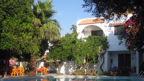 A pool area with a reflection of palm trees and a building with a white facade and red-tiled roof. - Oasis Hotel Bungalows Rodos  (Rhodes)