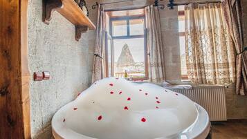 Superior Stone Suite Jacuzzi | Living area | LED TV, books