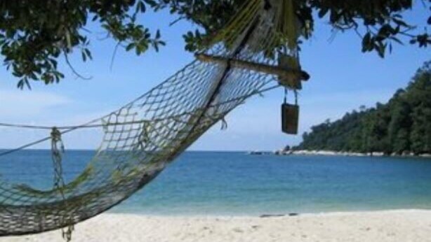 A hammock tied between trees on a beach with clear blue water and a forested area in the background. - Horizon Inn (Pangkor Island)