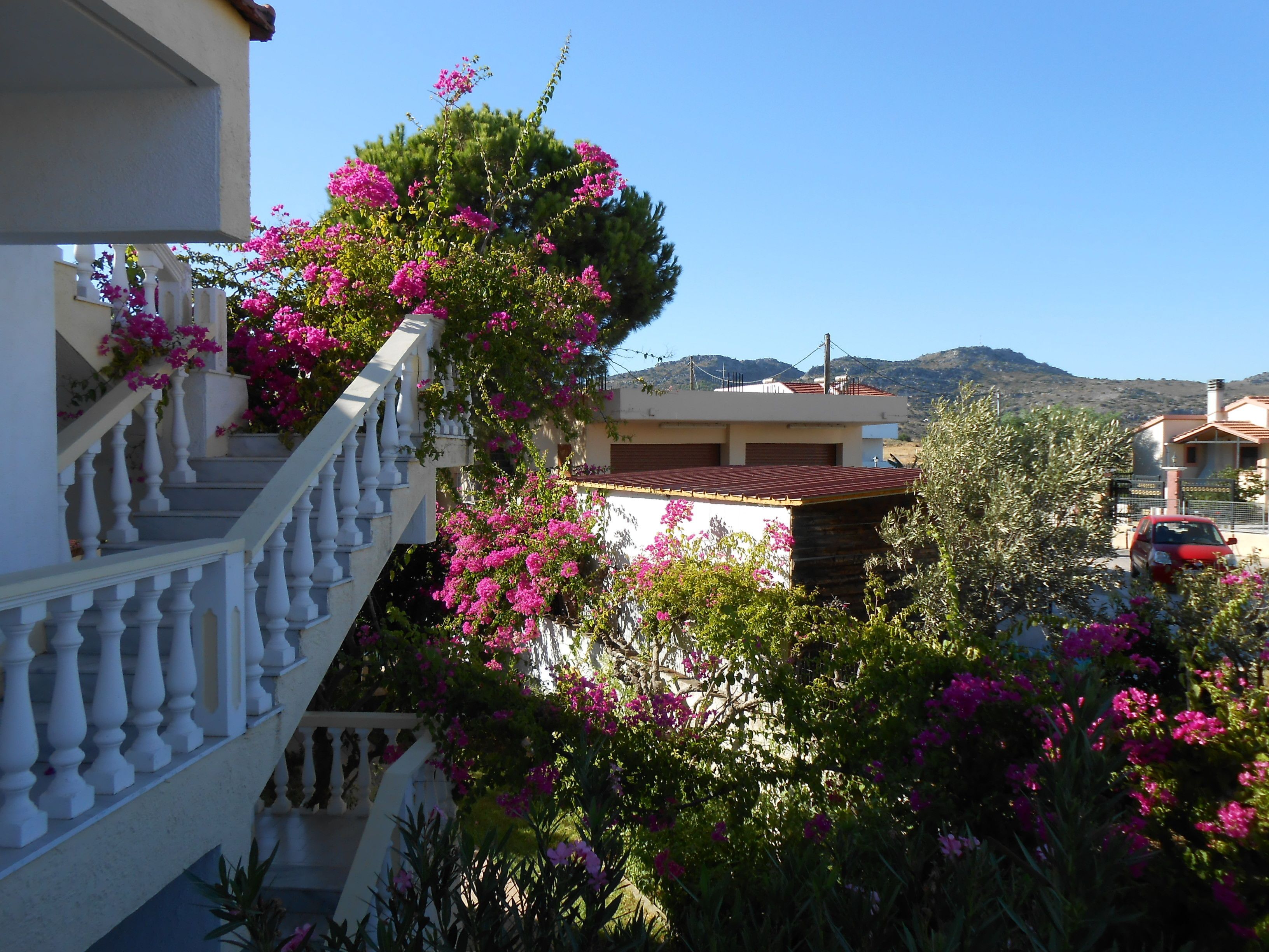 A multi-story building with a white staircase and balconies adorned with pink flowers.