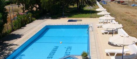 Outdoor pool, pool umbrellas, pool loungers