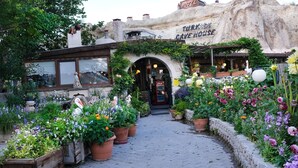 A hotel entrance with a cave-themed facade, potted plants, and a cobblestone pathway. - Turkish Cave House (Ürgüp)