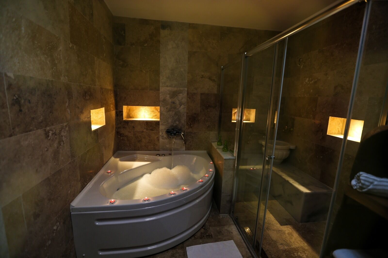 honeymoon double room | bathroom | shower, free toiletries, hair dryer, slippers