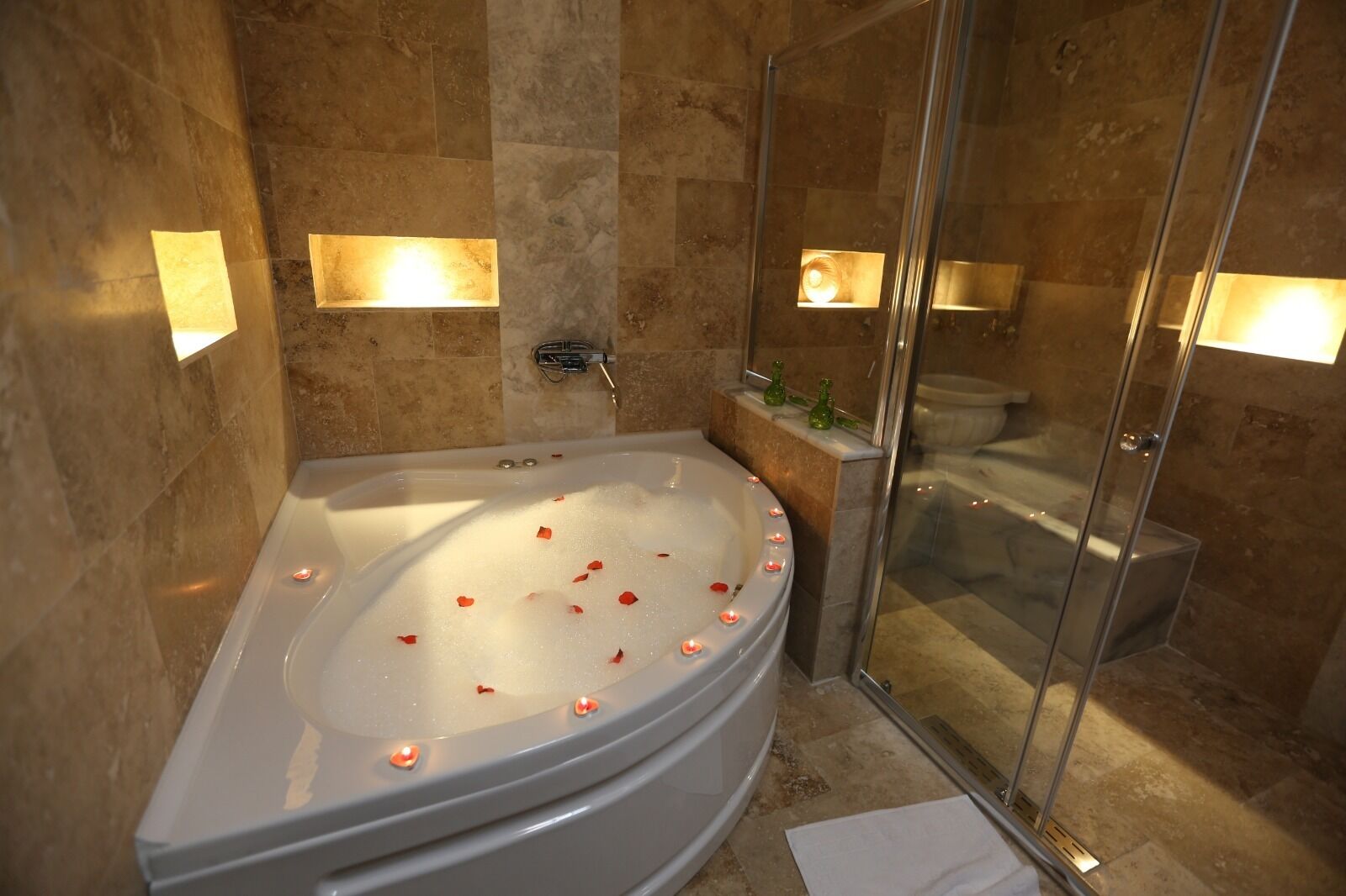 honeymoon double room | bathroom | shower, free toiletries, hair dryer, slippers
