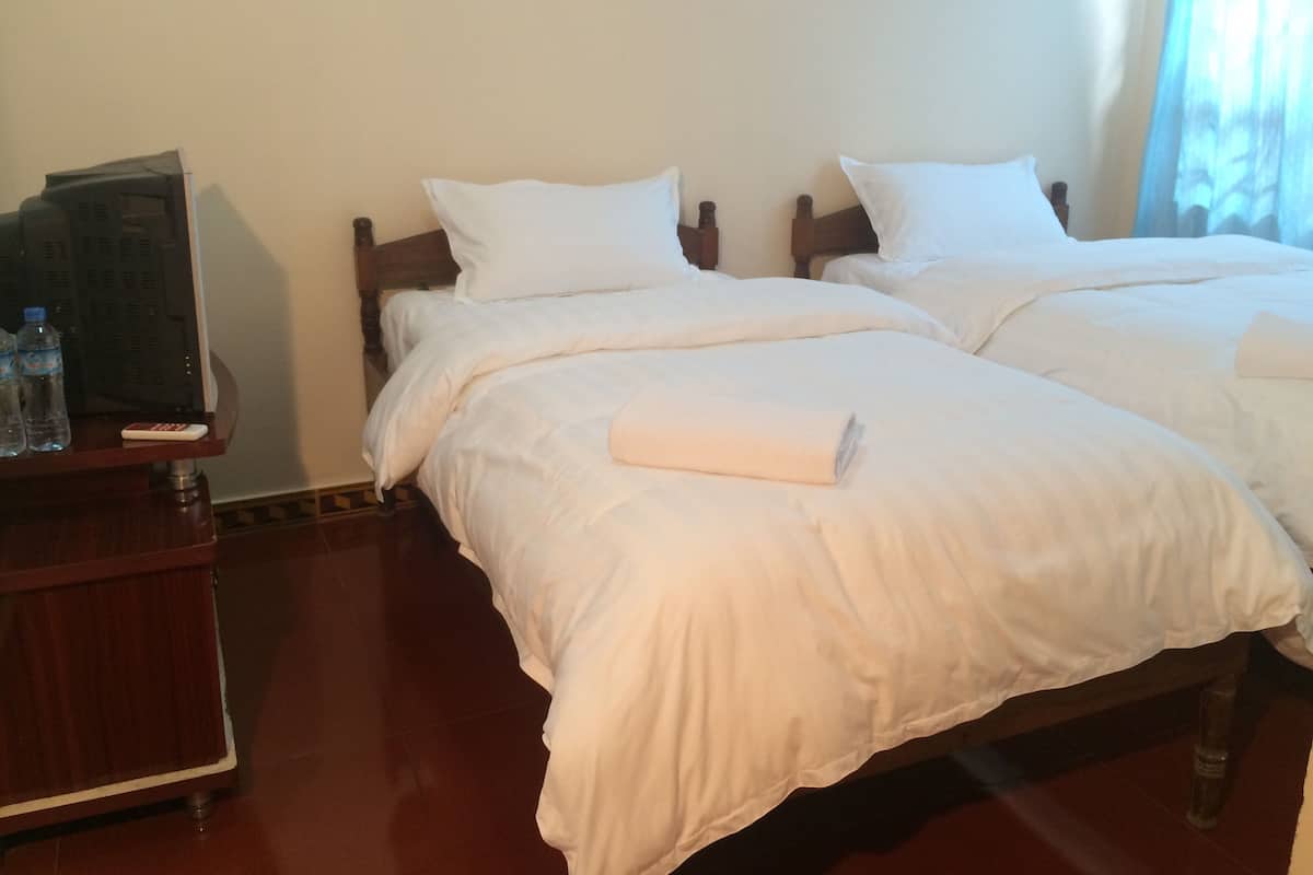 Une chambre d’hôtel avec deux lits, une tête de lit en bois, du linge de lit blanc, une télécommande et un téléviseur posé sur un meuble en bois.